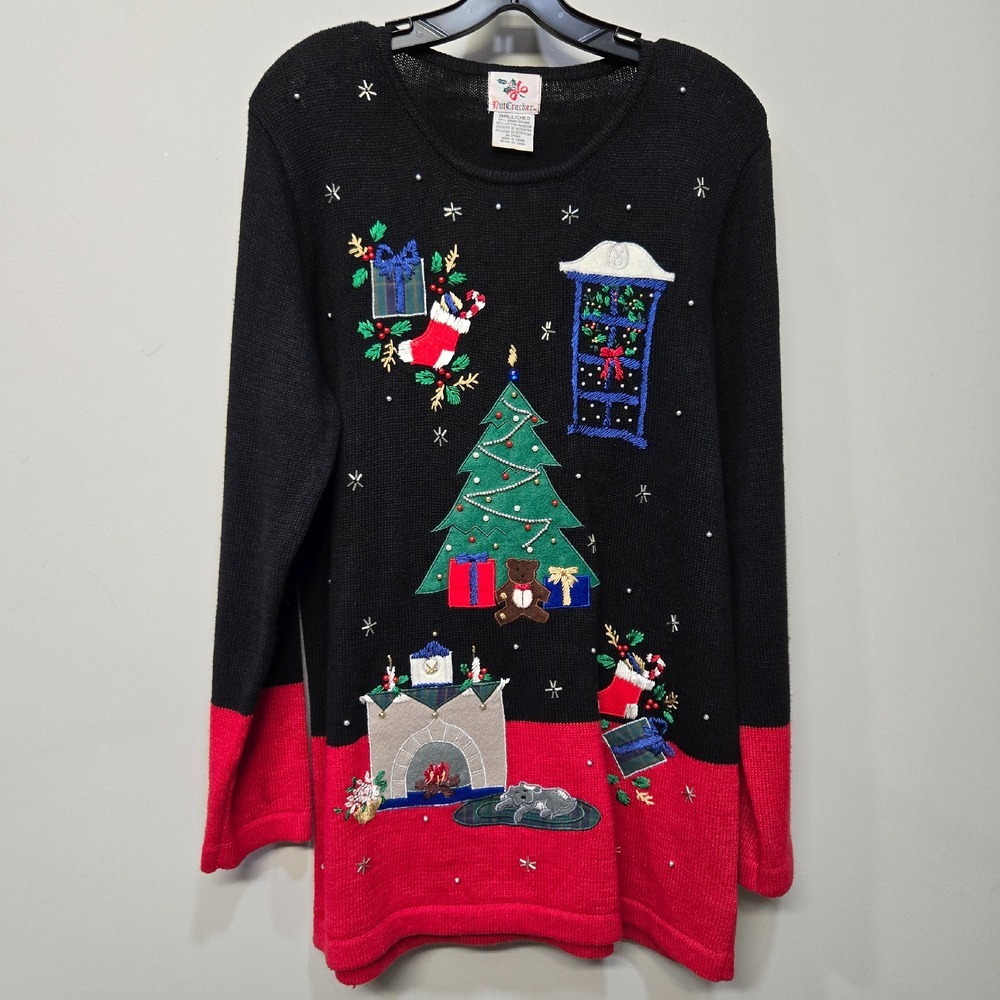 Vintage 80s Nutcracker Christmas Eve Scene Sweater‎ Small Embellished Unique 3D
